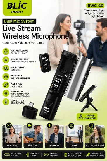 Profesyonel Kablosuz Yaka Mikrofonu Çiftli Vlog Canlı Yayın Röportaj Mikrofonu Bwc-10 Profesyonel Kablosuz Yaka Mikrofonu Çiftli Vlog Canlı Yayın Röportaj Mikrofonu Bwc-10