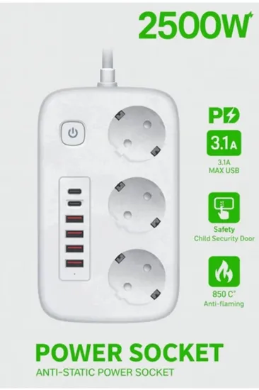 akım Korumalı Priz Ve Masaüstü Şarj İstasyonu Kablosuz 3 Priz ,4 Usb, 2 Type-c Girişli 2 Metre akım Korumalı Priz Ve Masaüstü Şarj İstasyonu Kablosuz 3 Priz ,4 Usb, 2 Type-c Girişli 2 Metre