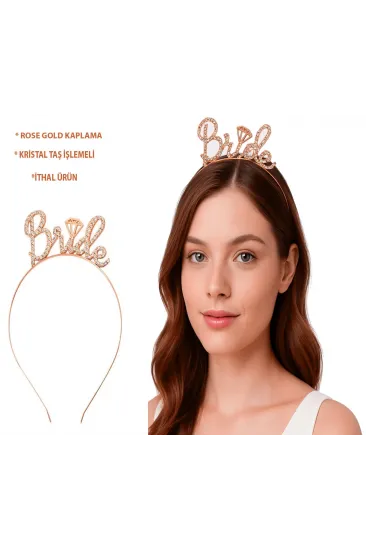 Rose Gold Renkli Taşlı “bride” Gelin Tacı – El Yazısı Yazı Tipiyle Rose Gold Renkli Taşlı “bride” Gelin Tacı – El Yazısı Yazı Tipiyle