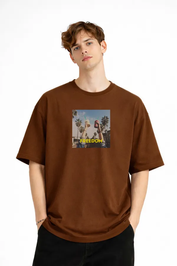 Freedom - Oversize Erkek Tişört KAHVE