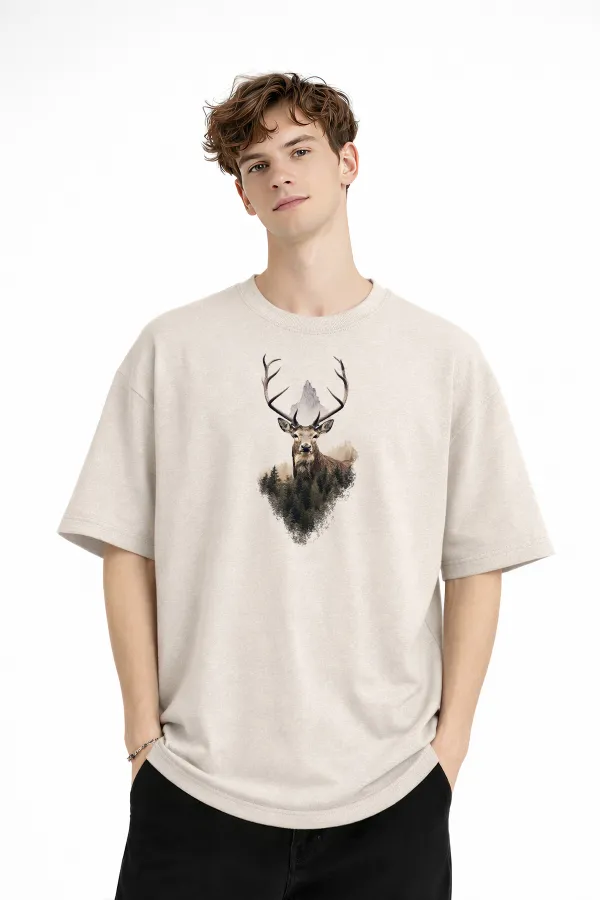 Deer - Oversize Erkek Tişört BEJ Deer - Oversize Erkek Tişört BEJ