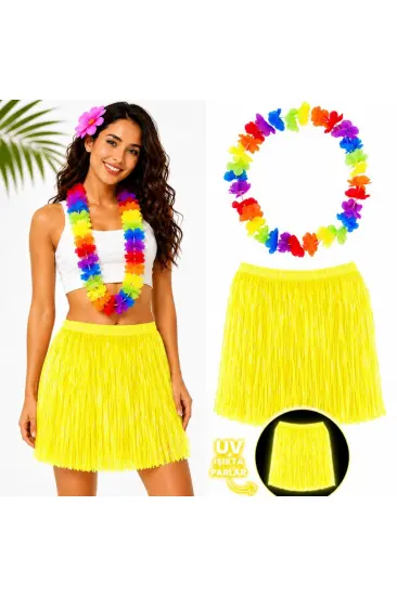 Neon Sarı Hawaii Etek 40 cm ve Rengarenk Hawaii Kolye Neon Sarı Hawaii Etek 40 cm ve Rengarenk Hawaii Kolye