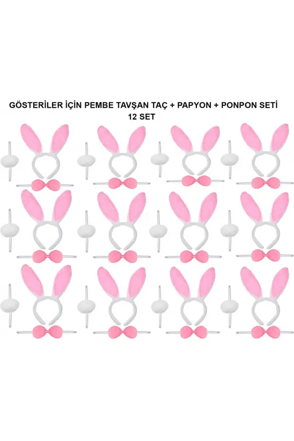 Pembe Tavşan Kostüm Seti – Taç, Papyon, Ponpon (12’li Paket) Pembe Tavşan Kostüm Seti – Taç, Papyon, Ponpon (12’li Paket)