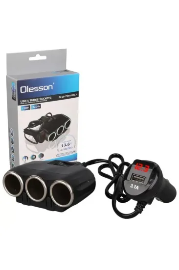 Olesson 1634 12-24v 3lü Usbli 120w 80cm Kablolu Dijital Ekranlı Araç Çakmak Çoklayıcı Olesson 1634 12-24v 3lü Usbli 120w 80cm Kablolu Dijital Ekranlı Araç Çakmak Çoklayıcı