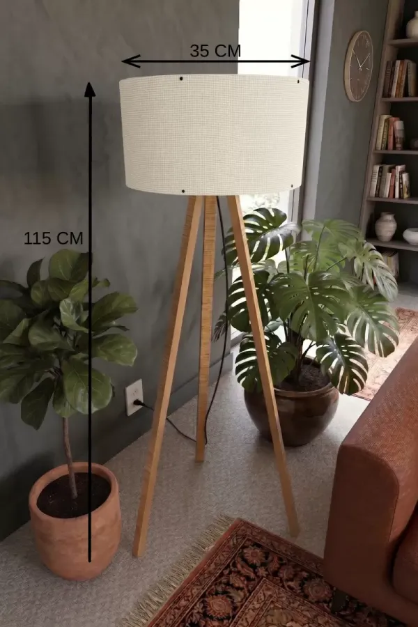 3 Ayaklı Tripod Lambader Krem Kumaş Başlık 3 Ayaklı Tripod Lambader Krem Kumaş Başlık